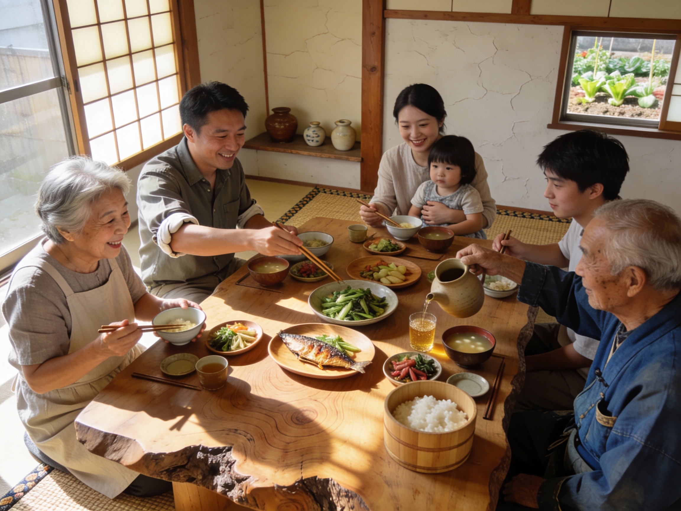 Multi-generational family sharing a meal at a handcrafted wooden table during golden hour