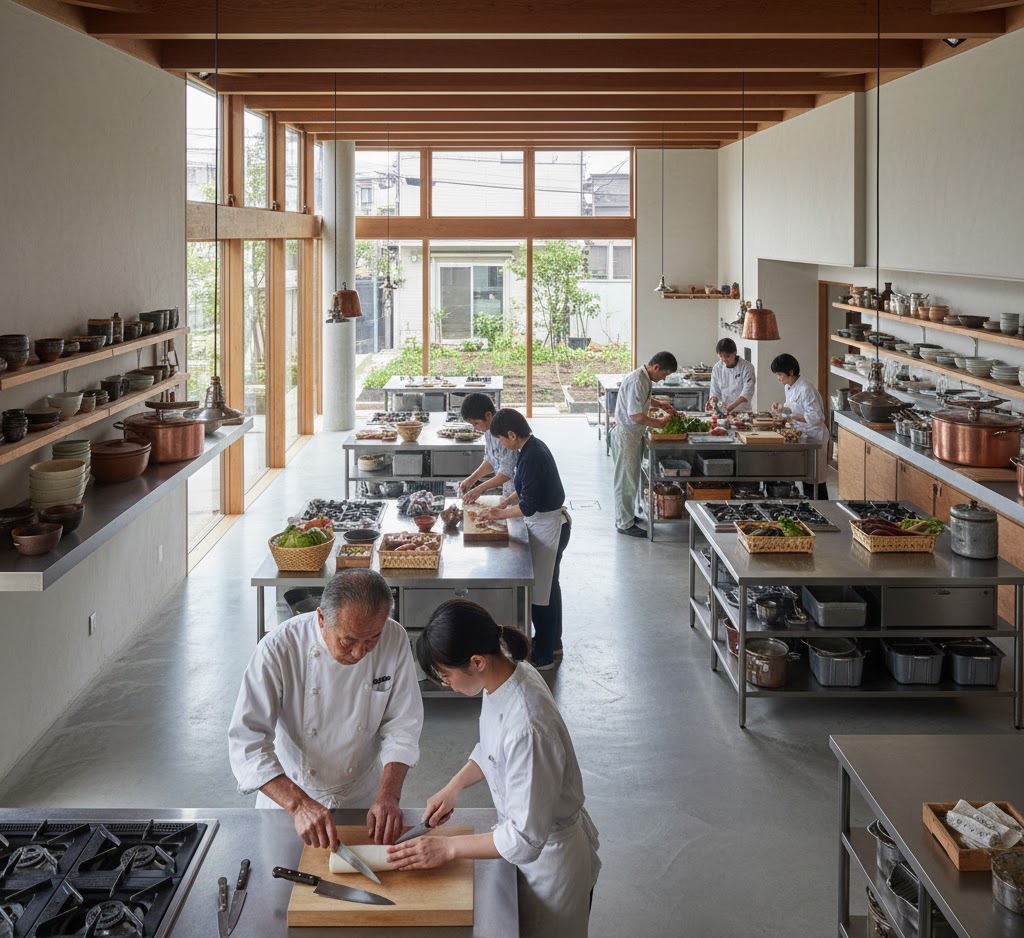 Modern culinary education kitchen with master chefs teaching apprentices across multiple workstations