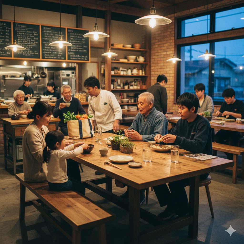 A multi-generation community table scene: warm, safe, and quietly powerful